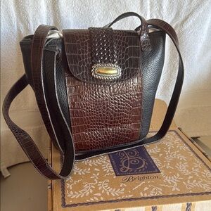 Vintage Brighton Brown and Black Croc-Embossed Crossbody Bag